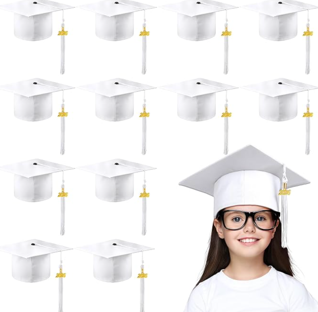 Berlune 36 Pcs Child Size 2026 Preschool Grad Caps Bulk Kindergarten Graduation Cap Grad Hats with Metal 2026 Tassel for Preschool (White)