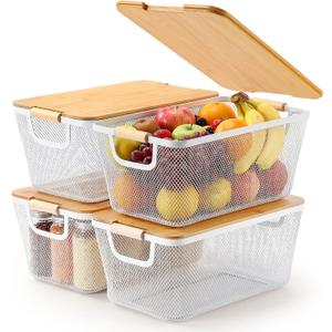Geelin 4 Pcs White Metal Wire Basket with Wooden Handles and Bamboo Lids 14.37" x 8.58" x 6.5" Mesh Steel Basket Stackable Storage Bins Organizer Containers for Vegetables Fruit Home Cabinet Pantry