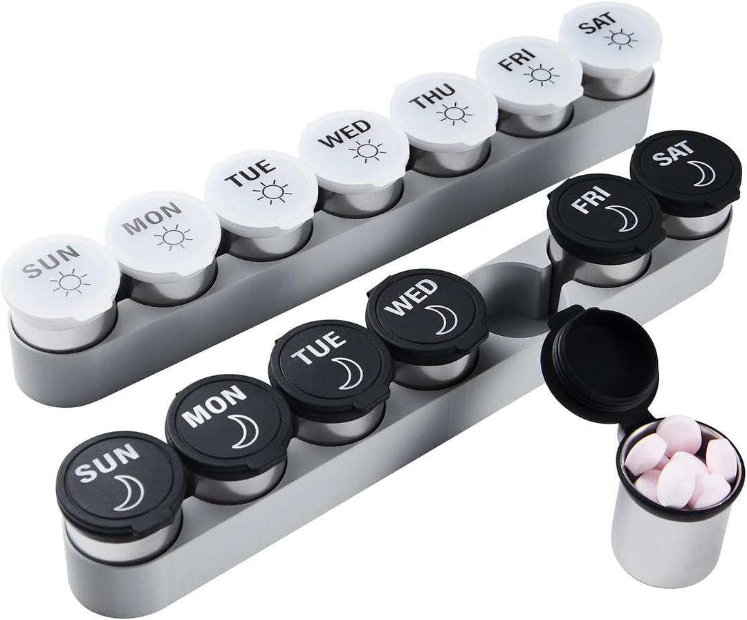 Weekly Stainless Steel Pill Organizer 7 Day, Magnetic Refrigerator Mountable Pill Box Case with Silicone-Sealed Lid for Travel(Morning & Evening)