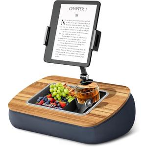 Lap Beanbag Tablet Pillow Stand, Adjustable iPad Holder with Snack Bowl,360 Rotating Clip for 4.7-13" Kindle, Phone, Tablet. Ideal for Hands-Free Reading and Relaxation on Bed, Couch, Recliner, Gray