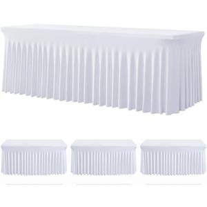 3 Pack White Spandex Table Clothes for 8 Foot Rectangle Tables, Wrinkle Free Fitted Tablecloths 8ft Stretchy Table Cloths Cover Skirt for Parties Weddings Birthday Banquet Baby Shower