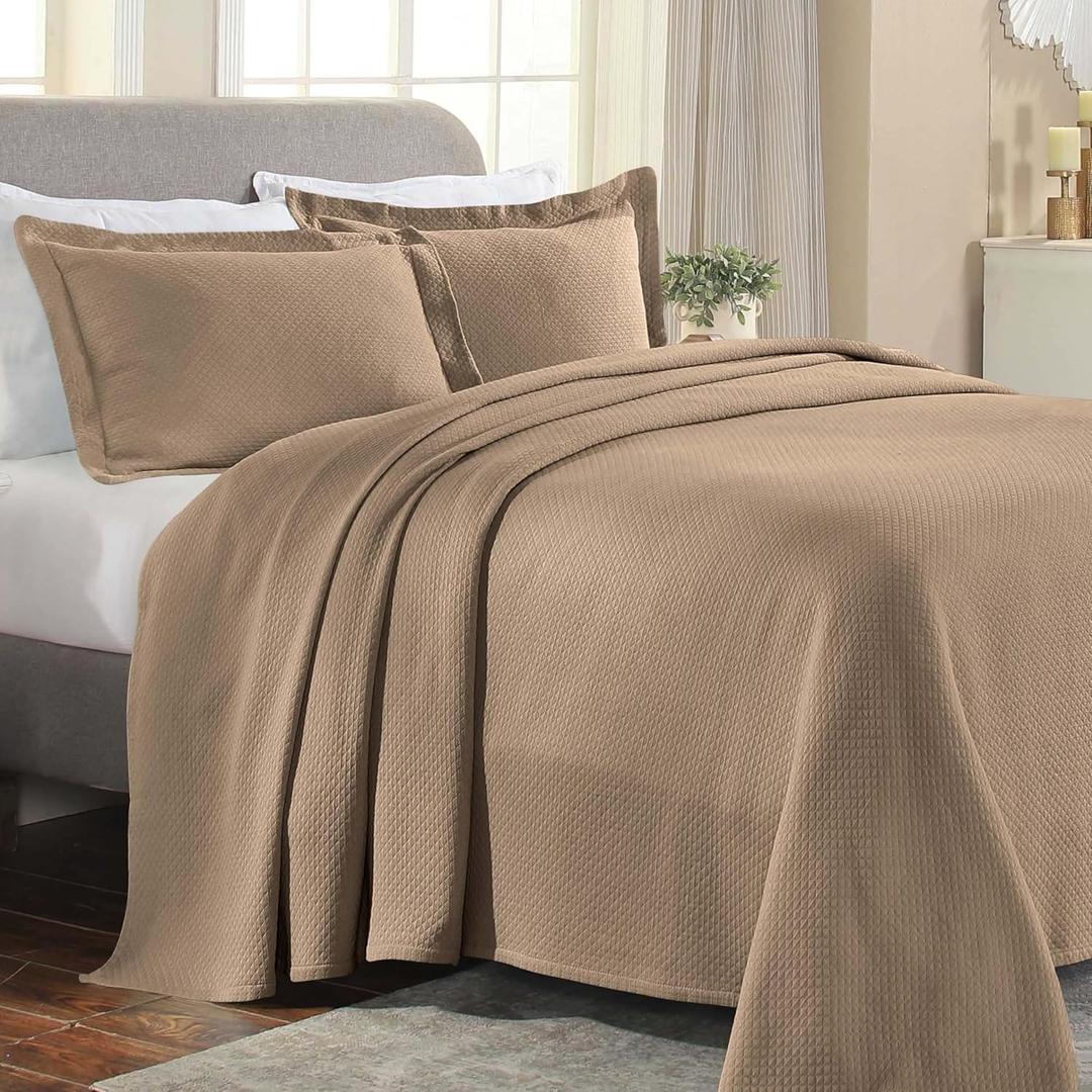 Superior Solitaire Cotton 3 Piece Bedspread Set, Home Bed Decor, Decorative Textured Bed Spread, 2 Pillow Shams, Airy Blanket, Matelasse Coverlet Bedding, All-Season Accent Blanket, Queen, Taupe
