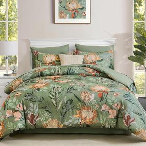 Floral Comforter Set Queen Bed in a Bag Set,7 Pieces Green Floral Comforter and Sheet Set,Soft Microfiber Bedding Sets for All Seasons (Green,90"X90")