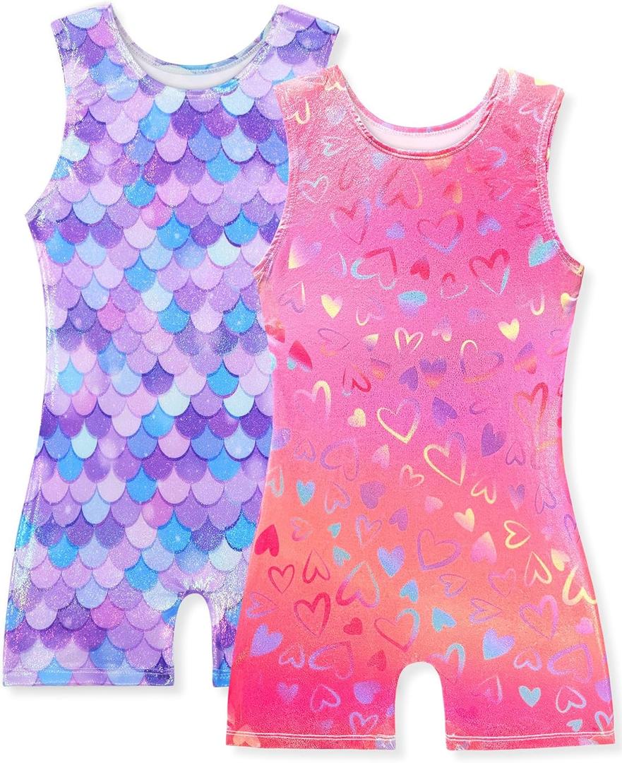 Gymnastics Leotards for Girls Shiny Toddler Biketard Unitard One Piece Tumbling Outfits (6-7 Years, 2pcs Mermaid & Love Heart)