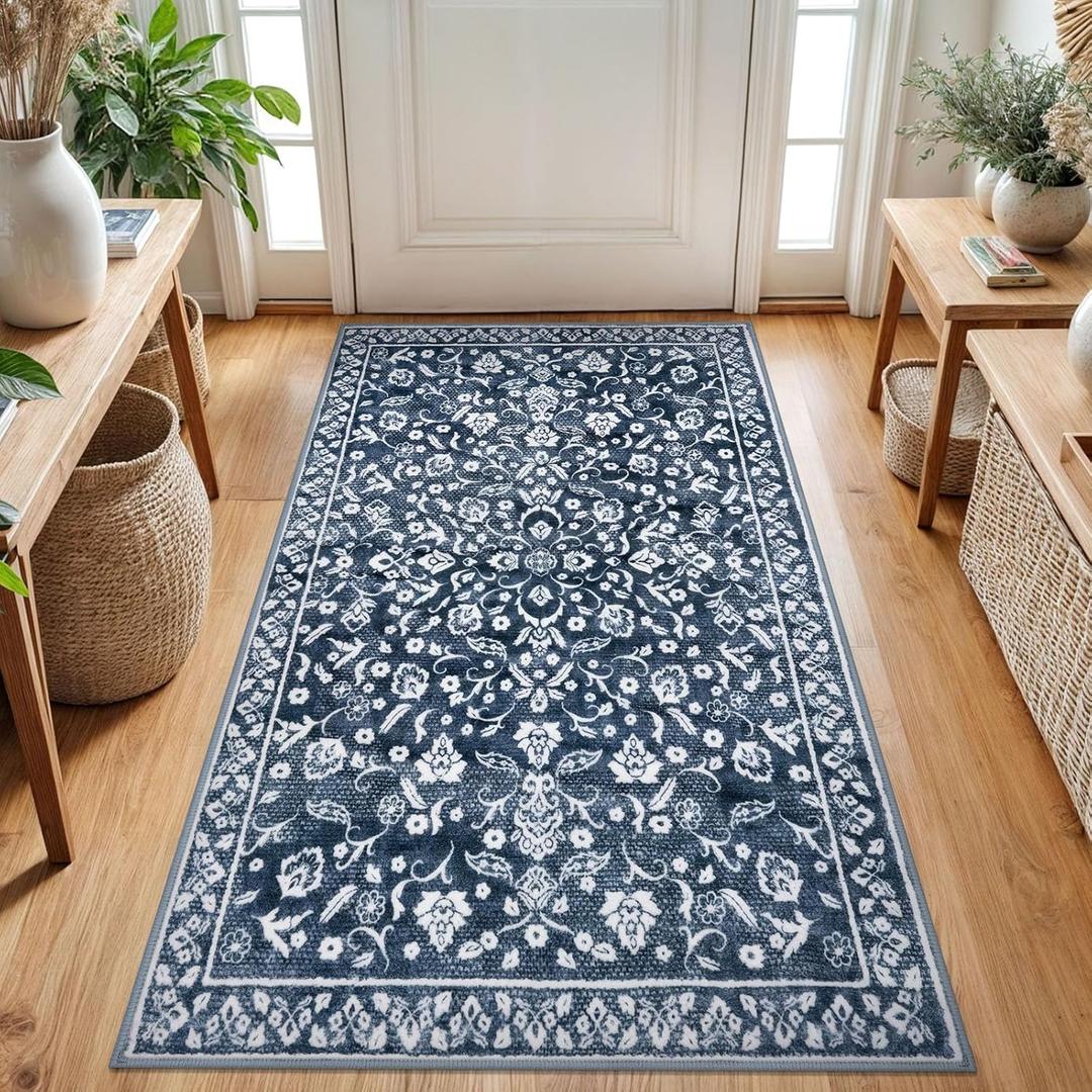 Vintage 3x5 Washable Rug for Entryway, Super Soft Navy Entryway Rug with Non-Slip, Printed Faux Wool Floral 3x5 Area Rug Thin Floor Carpet for Kitchen, Bedroom, Living Room
