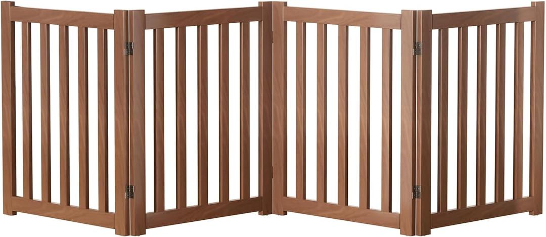 4-Panel Solid Wood Dog Gate - Freestanding Folding Pet Gate for Doorways, Stairs, Indoor, 24" Height, No Installation Needed, Walnut