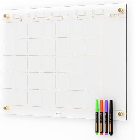 Clear Glass Monthly Dry Erase Calendar Non-Magnetic Whiteboard for Wall, 17" x 23", Frameless Large Monthly Menu Planner White Board for Home Kitchen & Office, 4 Markers Included, Yeoux