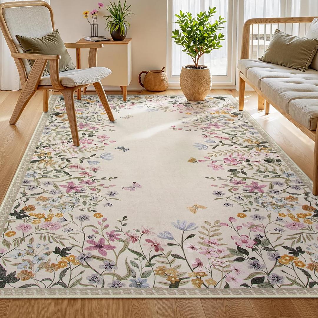 Wonnitar Washable 5x7 Rug for Living Room, Floral Print Large Bedroom Area Rug, Non-Slip Dining Table Throw Mat, Botanical Area Rug Carpet for Entry Basement Dorm (Beige,5'x7')