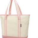 Large Canvas Tote Bag for Women, Beach Bag with Zipper, Utility Tote Bag with 3 Front Pockets, Weekender Pool Bag (Beige Yellow With Pink)
