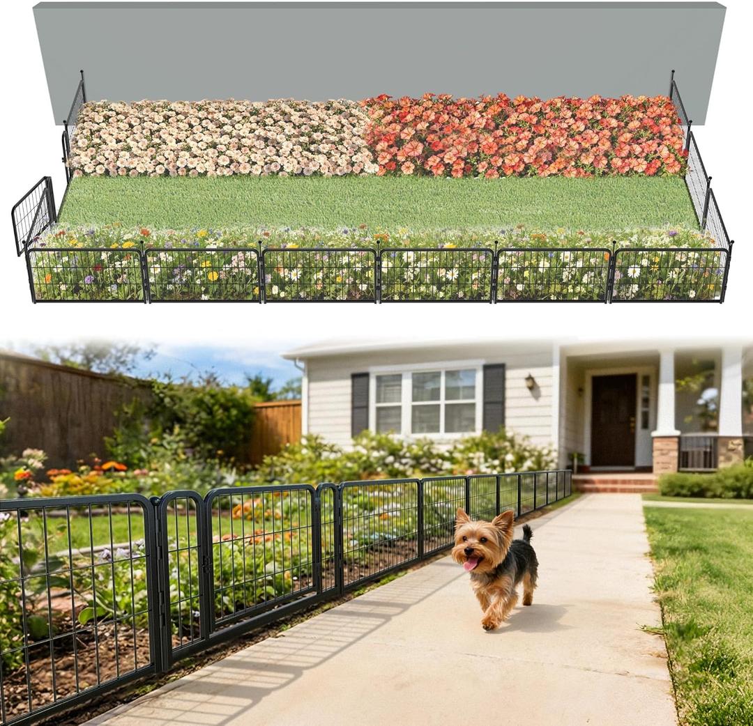 FXW Garden Fence Outdoor for The Yard – 17in(H) x 29.3ft(L) Heavy Duty Metal Animal Barrier for Dog, No Dig Decorative Dog Fence, 12 Panels, Black