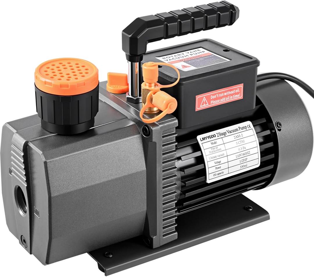 5 CFM 2-Stage HVAC Vacuum Pump, 1/2 HP Sparkless Motor, Deep Vacuum Pump for R32 R1234yf R410a R134a, Automotive AC & Mini Split Refrigeration System Evacuation