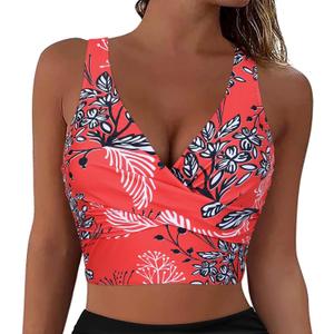 Firpearl Women's Underwire Bikini Tops Only - Longline Swimsuit Top Criss Cross Push Up Swim Crop Top (14, Red Floral)