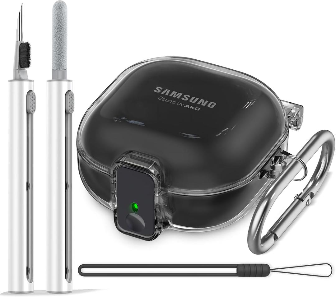 Samsung Galaxy Buds Case with Safety Lock - Clear Protector & 3-in-1 Cleaner Kit, Anti-Lost Keychain & Silicone Wrist Strap (Black) (A6-Black+Bi)