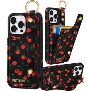Petitian for iPhone 14 Pro Case with Wallet - Women Girls Cute Girly Aesthetic Unique Design Leather Credit Card Holder Cardholder Stand Wristband for iPhone 14 Pro, Cherry