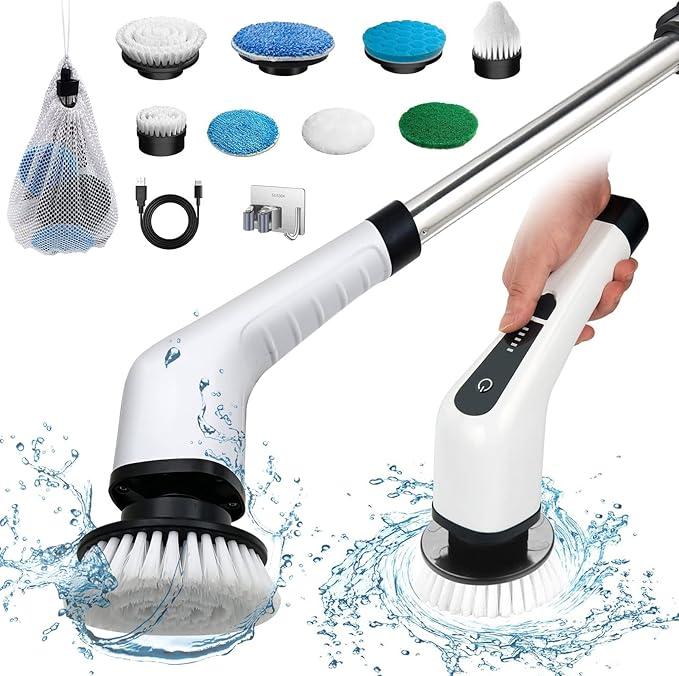Electric Spin Scrubber, Cordless Cleaning Brush, Shower Scrubber with 8 Brush Heads, Power Scrubber Dual Speeds with Adjustable Extension Handle, IPX7 Waterproof for Bathtub Floor Tile Car-B