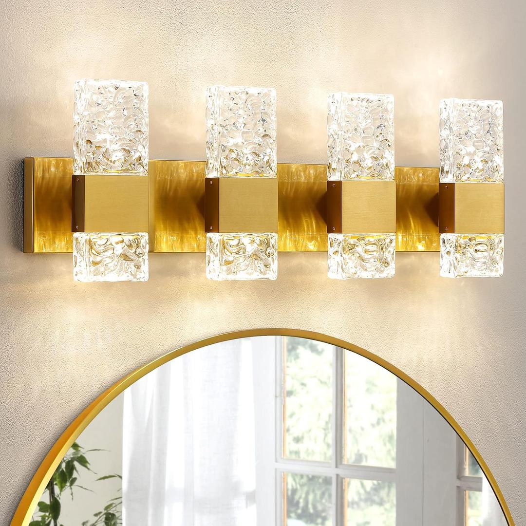 Gold Bathroom Vanity Light Fixtures - Brushed Gold Vanity Light Bathroom Lighting Fixtures Over Mirror 40W Dimmable Crystal Wall Sconces 4 Light LED Modern Bathrooms Lights 4000K