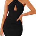 REORIA Women's Sexy Mini Dress Halter Sleeveless Backless Bodycon Criss Cross Ruched Short Dresses Party Night Club Outfits (Black Onyx)