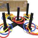 Ring Toss Game Indoor & Outdoor Game for Family and Adults with 5 Poles, 2 Bases and 16 Rings in 4 Colors, Soft Foam Toy Backyard Ring Toss Fun