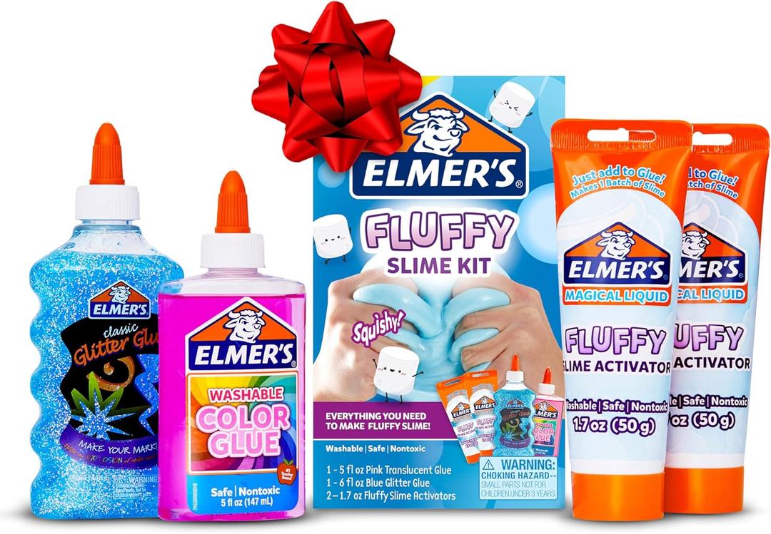 Elmers Fluffy Slime Kit, Includes Translucent Color Glue, Glitter Glue, Fluffy Slime Activator, 4 Count - Perfect for Birthday Parties, Gift Idea, Kids Activity