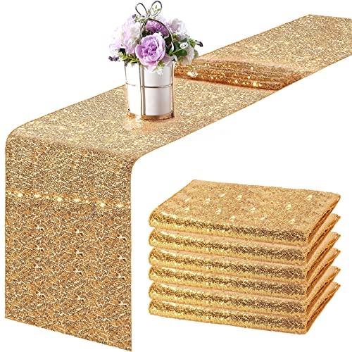 Tegeme 6 Pieces 12 x 108 Inches Sequin Table Runners Glitter Sequin Runner Rectangular Table Runner Cloth for Christmas New Year Birthday Wedding Holiday Party Decorations(Champagne Gold)