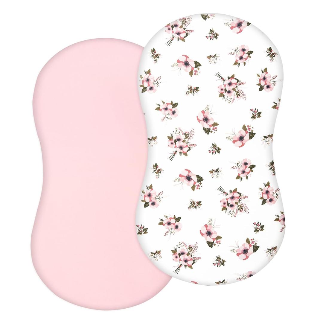 TILLYOU Cotton Fitted Bassinet Sheets for Baby Boy Girl, Fit for Halo Bassinet Swivel Sleeper, Adapt to Hourglass Bassinet Mattress Sheet, 31.5'' x 18'', 2 Pack Floral & Pink (Bassinet Bedding, 2 Pack Pink & Floral)