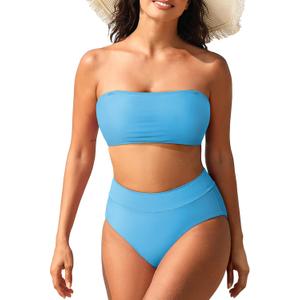 Pink Queen Women's High Waist Bikini Set Removable Strap Bandeau Two Piece Swimsuit Bathing Suit (Large, 01 - Blue)