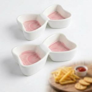 PLINNILUY Butterfly Ceramic Condiment Cups - 2-Compartment Soy Sauce Dish, Set of 2-3oz Small Bowls for Dips, Snack Tray & Sauce Containers for Sushi - Divided Party Serving Plate (2, Pink)