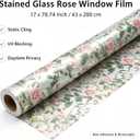 Stained Glass Floral Window Film Static Cling, 17 x 78.74 Inch UV Blocking Privacy Window Decal, Removable Non-Adhesive Rainbow Pink Rose Window Sticker for Bathroom Bedroom Living Room Sunroof