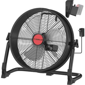 14" Battery Operated Floor Fan for Milwaukee M18 18V Battery, Portable Fan with AC Adapter and USB Output, Metal Industrial High Velocity, Stepless Speed Cordless Fan for Jobsite Garage Camping Backup