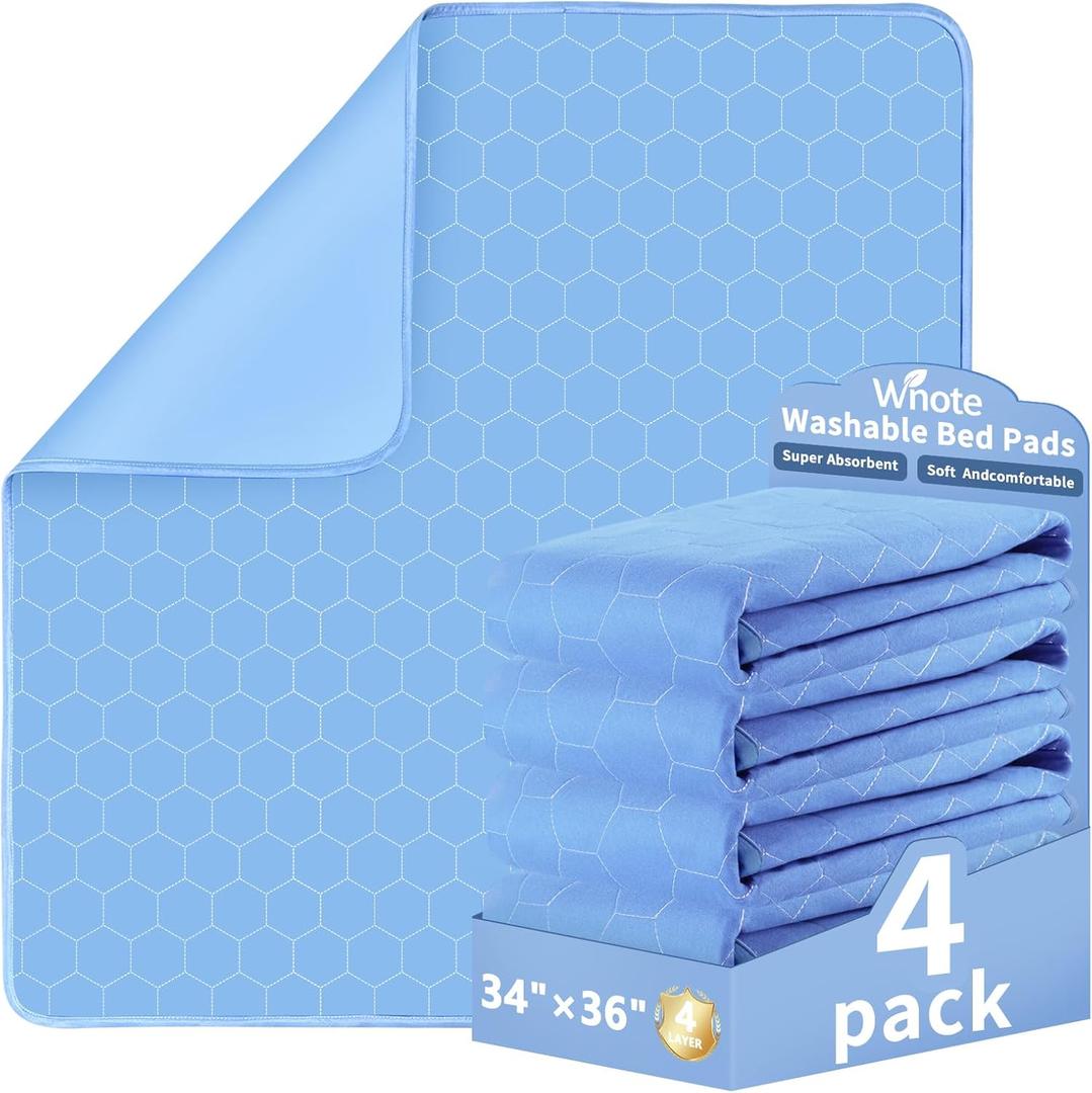Wnote 4 Pack Blue Reusable Underpads (34"x36") - 500+ Washes Leakproof Incontinence Bed Pads, Heavy Absorbency Bedwetting Mattress Protector for Adults & Kids