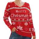 Jouica Christmas Sweaters for Women 2025 Causal Lightweight Long Sleeve Hollow Out Sweater V Neck Cable Knit Pullover Jumper Fall Outfits for Women, Christmas Words Misspelled on Sweater, Medium