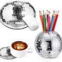 Teenyyou 4 Inch Disco Ball Pen Holder 8 Inch Silver Disco Ball Mouse Pad 4 In Coasters for Desk Accessories Decor Makeup Brush Holder Organizer Pencil Cup Flower Vase for Office Classroom Home Decor
