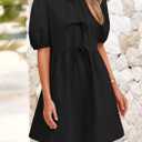 PRETTYGARDEN Womens 2025 Summer Casual Short Sleeve Dresses A Line Bow Tie Front Babydoll Loose Cute Mini Dress with Pockets (Black,Medium)