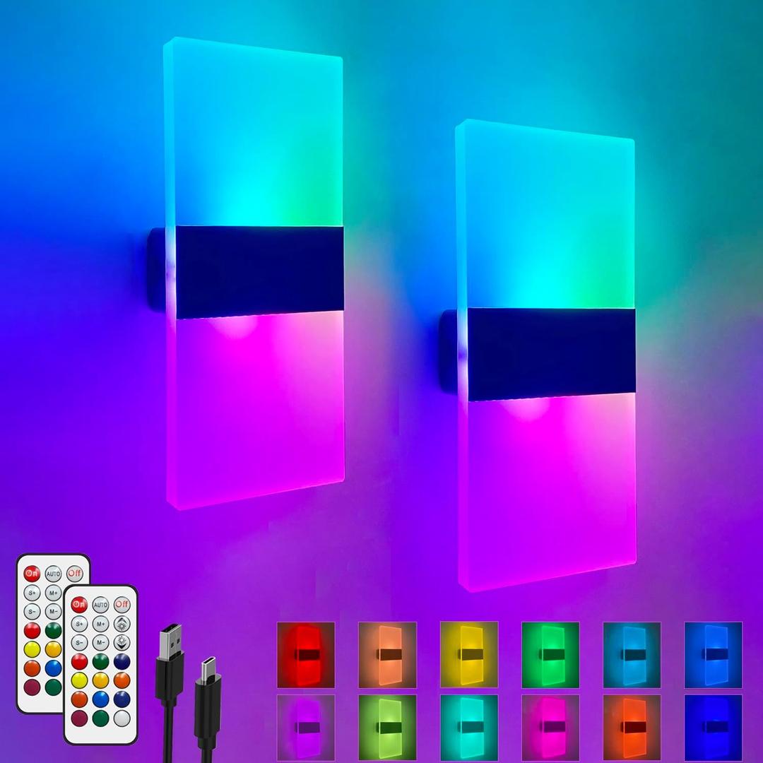 Rechargeable RGB Wall Sconces with Remote Control, Battery Operated - 12 Colors Dimmable Wireless Wall Lamp 2 Pack