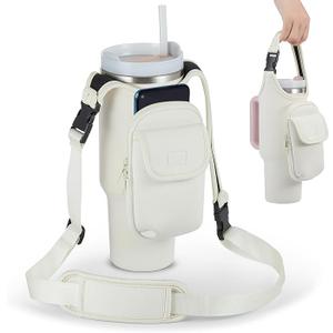 Carrier Bag with Phone&Flap Pockets for Stanley Tumbler with Handle, Insulated Neoprene Cup Holder Carrier Bag w/Shoulder & Handheld Strap Fits Stanley Cup Accessories, Height 9.5 in