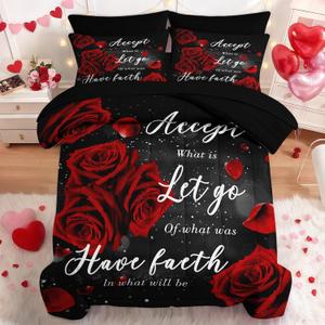 Nesker 7 Pcs Valentine's Day Comforter Set Queen Size, Romantic Red Rose Bedding Set for Kids and Adults, Happy Sweet Love Sheets Bed Sheet Sets with Fitted Sheet 2 Pillowcases & 2 Shams