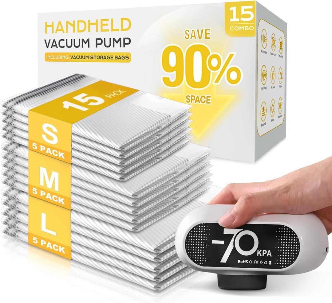 15 Pack Travel Vacuum Bags with Electric Pump, 70KPa Vacuum Storage Bags for Clothing, Reusable Space Saver Bags for Suitcase, Travel & Home Storage, Alpine White