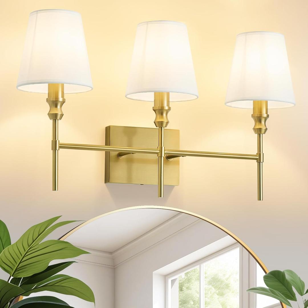 Bathroom Light Fixtures,23.6 IN Bathroom Vanity Lights Over Mirror3-Light Antique Brass Vintage Wall Sconce With Flared White Fabric Lampshade For Bedroom,Living Room,Foyer,Hardwired,E12 Base