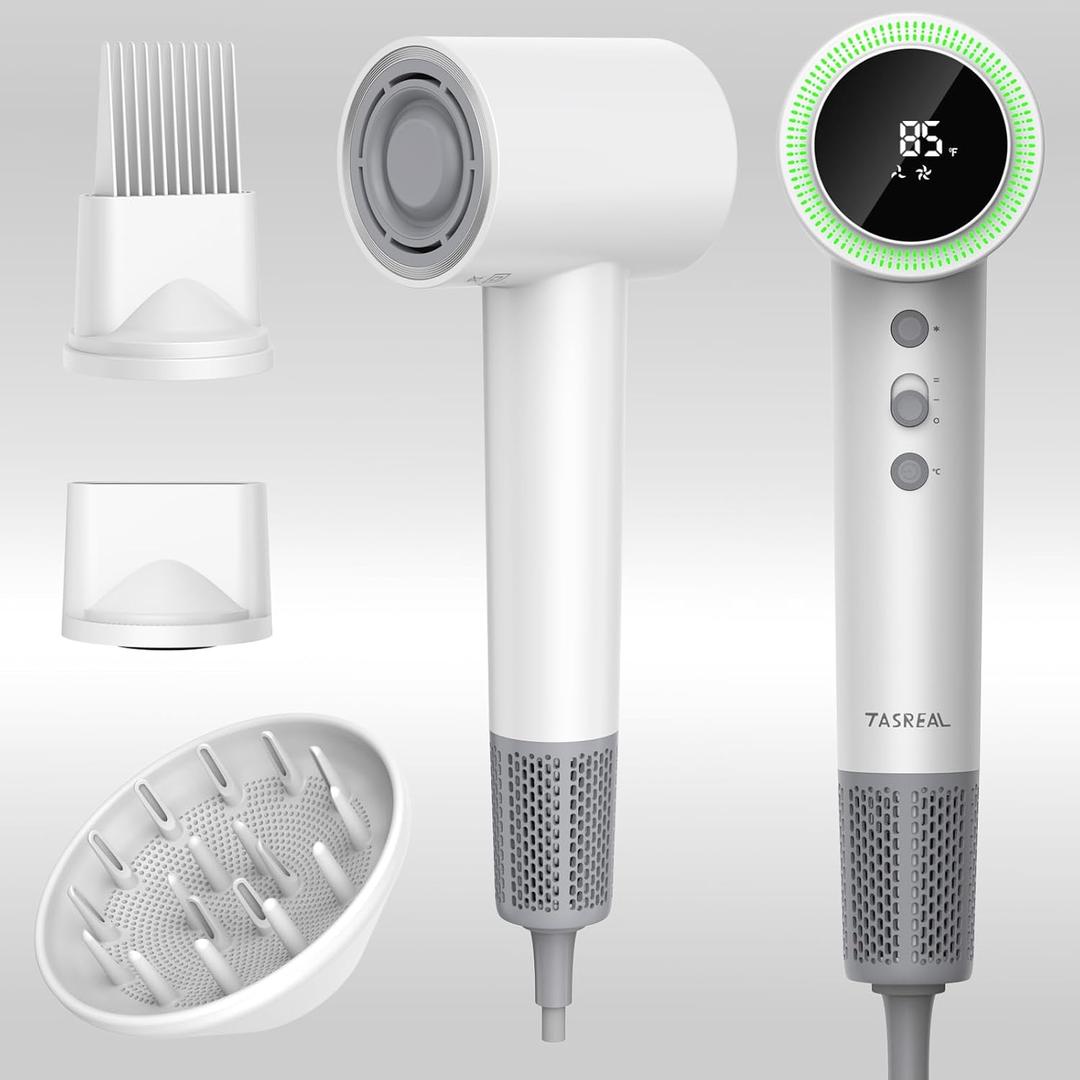 Hair Dryer with Diffuser - 150,000 RPM High Speed Blow Dryer with Comb, 500 Million Ionic Hairdryer, Low Noise, 1600W Professional Fast Dry, 3 Attachments for All Hair Types, Portable for Home Travel, White