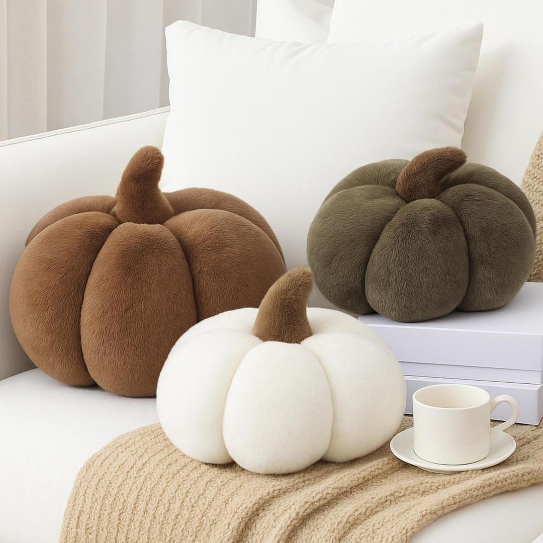 3 Pcs Pumpkin Pillows Modern Fall Home Decorative Plush 3D Pumpkin Shaped Pillows Rustic Farmhouse Cushion for Halloween Thanksgiving Autumn Home Sofa Couch Bed Decor Gift (Neutral Color)