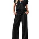 MEROKEETY Women 2 Piece Outfits Sweatsuit Set Half Zip Lapel Collar Short Sleeve Sweatshirt Wide Leg Sweatpant Tracksuit Sets Black L