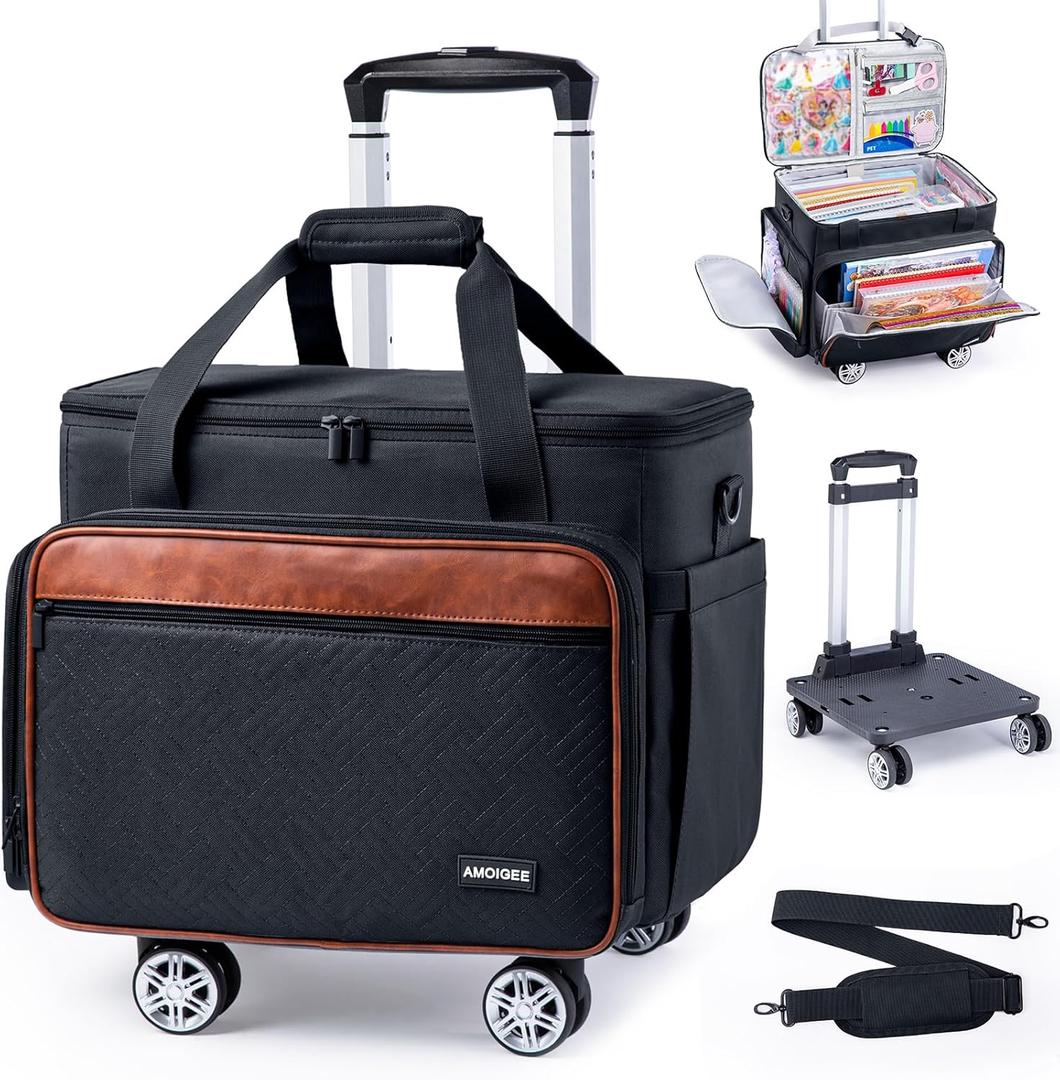 AMOIGEE Rolling Craft Bag with Wheels, 360 Swivel Rolling Scrapbook Organizer for Cricut, Paper Crafts, Classroom Supplies, Large Teacher Tote with Detachable Trolley for Men, Women (Black)