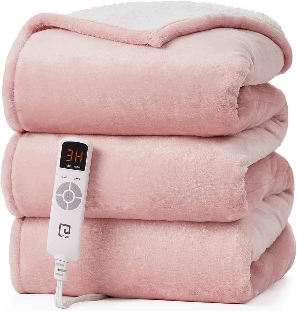 EHEYCIGA Heated Blanket - Electric Throw with 9 Heating Levels & 10 Hr Auto Off, Soft Cozy Sherpa Washable Blanket, 50 x 60 Inches (Pink)