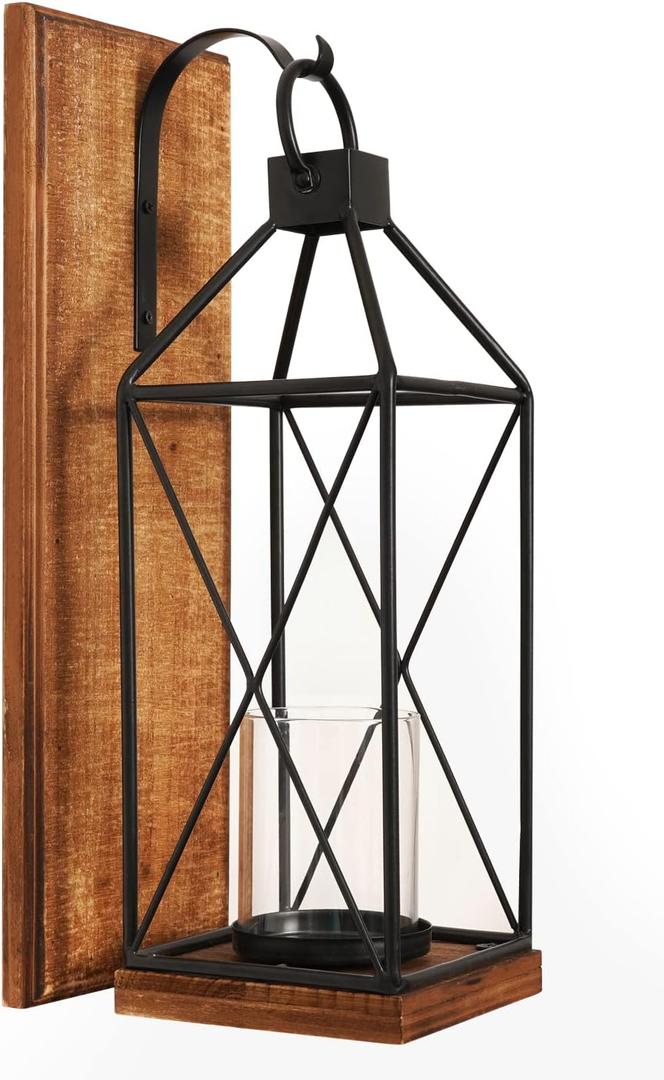 Homemory Wall Candle Sconce, Wood Rustic Candle Holder Decorative Candle Lantern with Glass Holder, Wall Decorations for Living Room, Dining Room (1, Dark Brown)