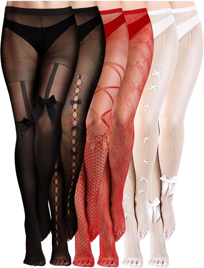 Ramede 6 Pairs Women Fishnet Thigh High Stockings Waist Tights Bow Patterned Fishnet Leggings Pantyhose for Halloween (Small-Medium, Black Red and White)
