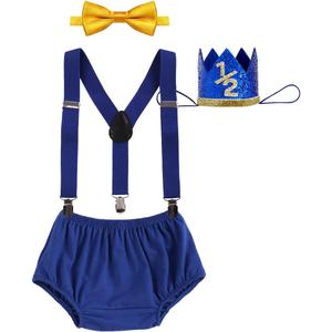 IBTOM CASTLE Baby Boy 1/2 Birthday Cake Smash Outfit Diaper Cover+Suspenders+Bow Tie+Crown Newborn Photography Clothes Set (6-12 Months, Royal Blue+ Yellow Bowtie)