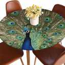 Colorful Peacock Round Fitted Tablecloth Bright Birds Beautiful Feathers Animal Elastic Edge Tablecloth Waterproof Oilcloth Table Cover for 40"-44"