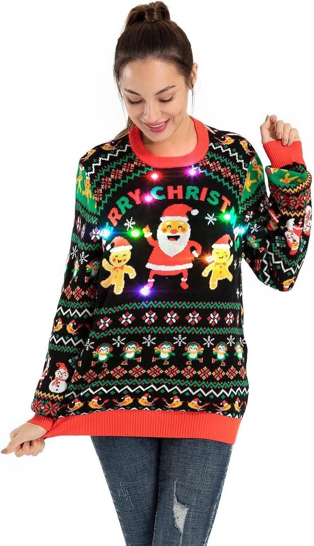Unisex Women's Ugly Christmas Sweater LED Light Funny Novelty Knit Pullover (XL)