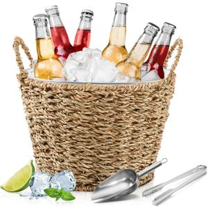 5 Quart Ice Bucket with Wicker Outer Basket, Scoop, Tong and Handle, Beverage Tub Grass Rope Woven Farmhouse Galvanized Bucket for Party Seaside Bar Buffet Wine Beer Bottle (10.83 x 10.83 x 7.48 inches)
