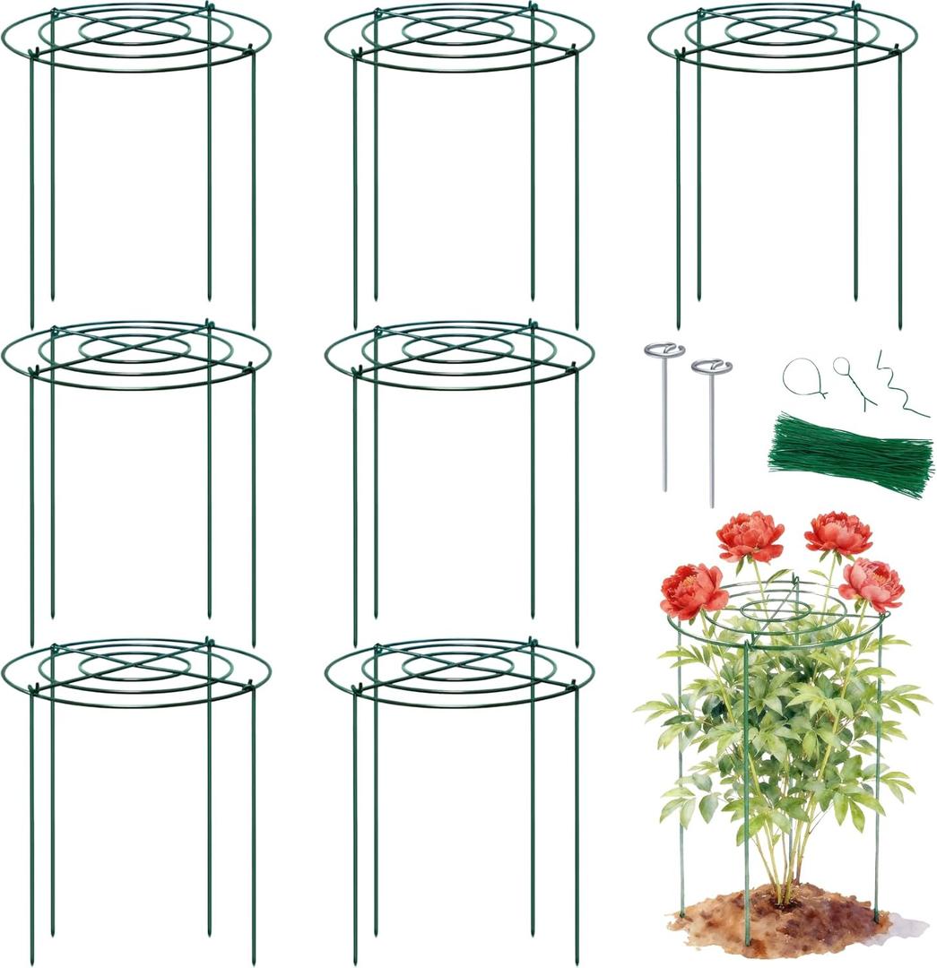 Lancisism 8 Pack Peony Cages and Supports - Heavy Duty Grow Through Metal Plant Support for Outdoor Plants - Plant Support Frame Ring for Rose Tomato Hydrangea Sage Strawberry 12" D x 16" H